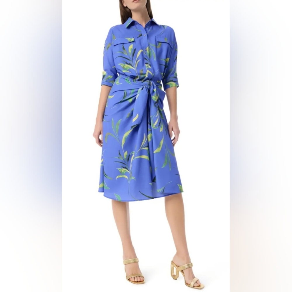 DO by Dee Ocleppo baja blue-tossed‎ leaves Floral Midi draped Bobbi shirt dress